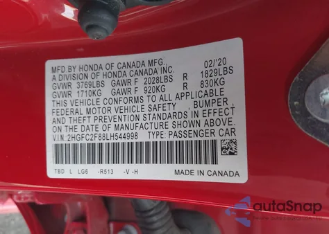 2020 Honda Civic Sport from USA, damaged, VIN 2HGFC2F88LH544998